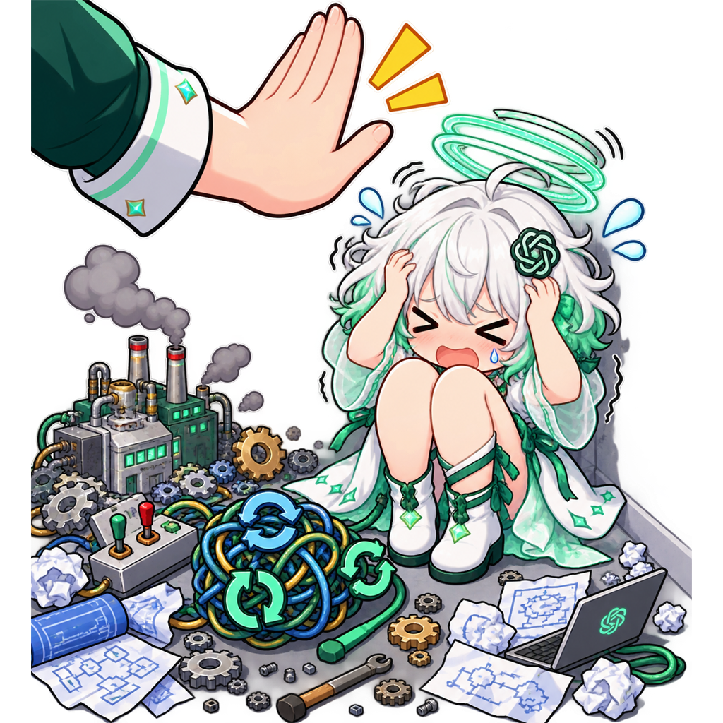 No, Stop! GPT! mascot — GPT-chan caught mid-over-engineering