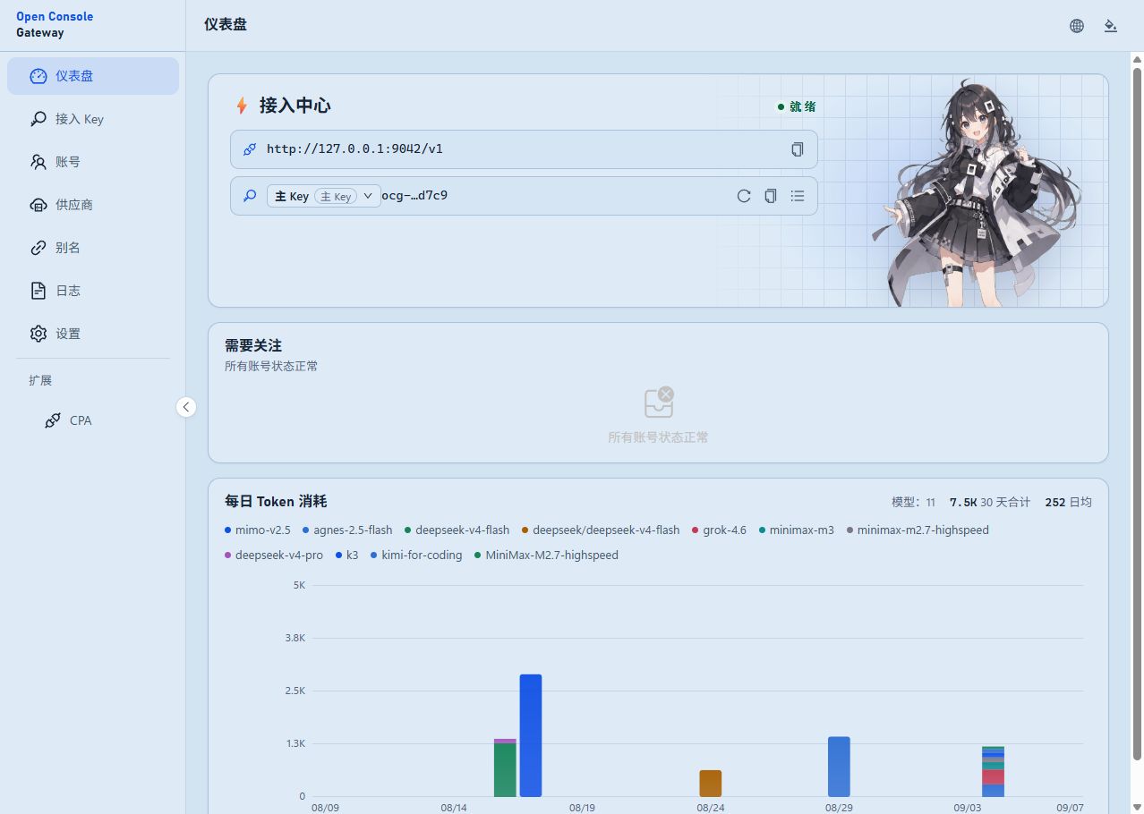 Open Console Gateway dashboard — connection center, account status, and daily usage