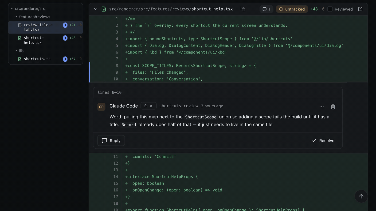 A line in the diff is hovered, the comment composer opens, a question about Escape handling is typed and submitted, and Claude Code answers in the same thread
