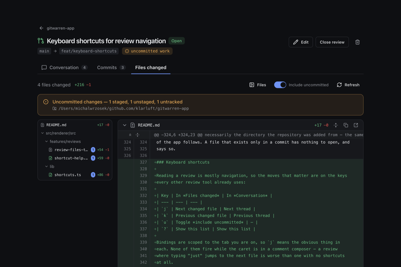 A GitWarren review: the files-changed tab with staged, unstaged and untracked work folded into the diff, and the amber uncommitted badge in the branch header
