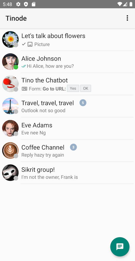 Android screenshot: list of chats