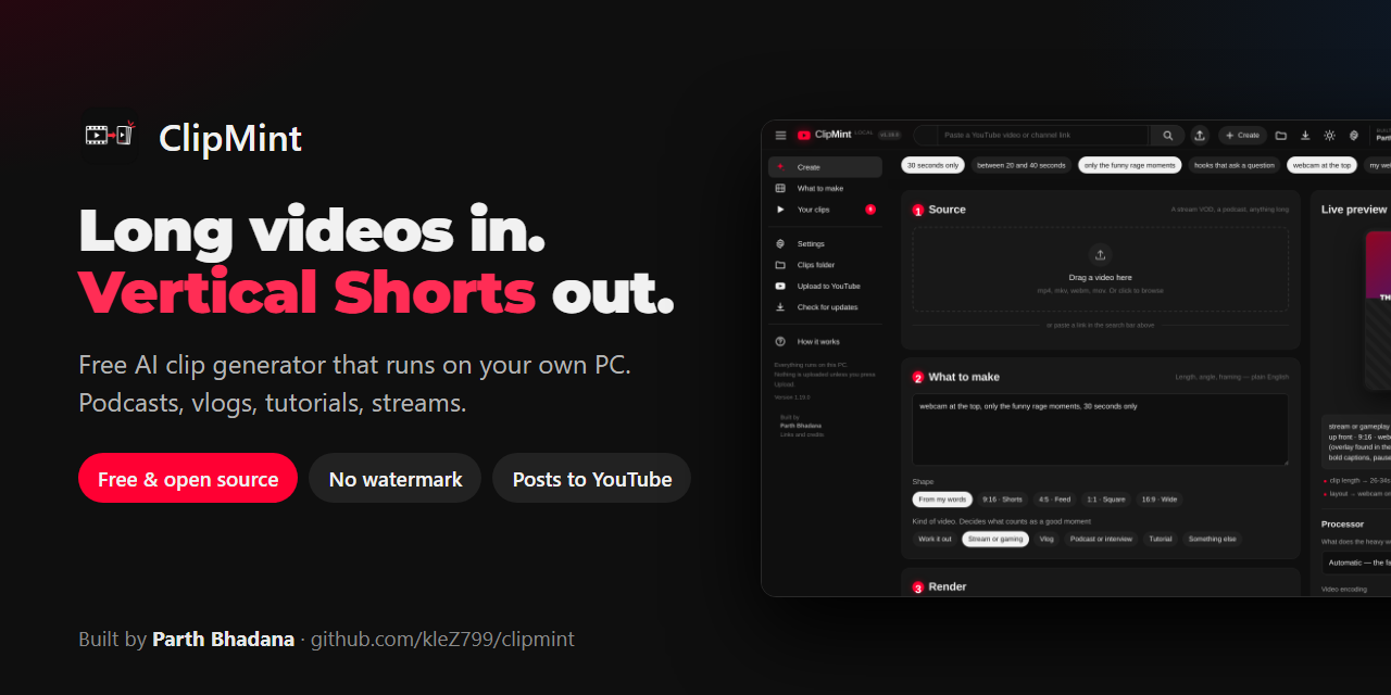 ClipMint: long videos in, vertical Shorts out