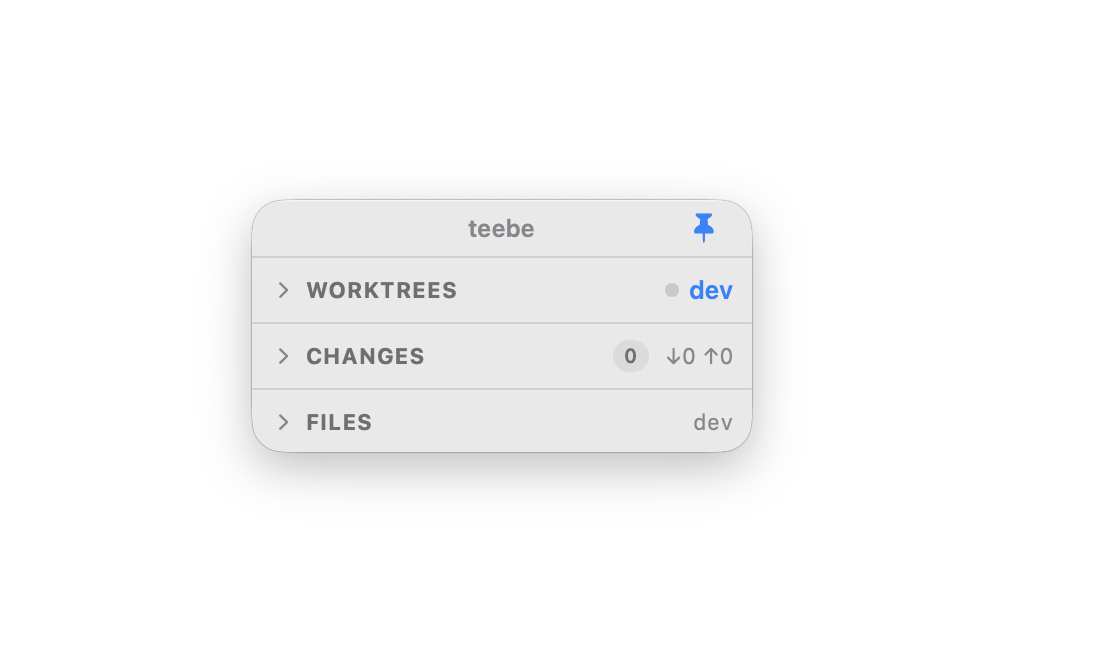 teebe collapsed to its WORKTREES, CHANGES and FILES sections