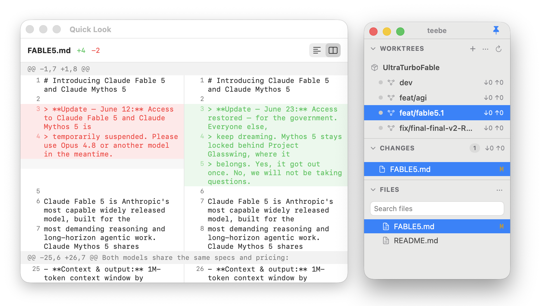 teebe showing a worktree's files alongside an inline diff