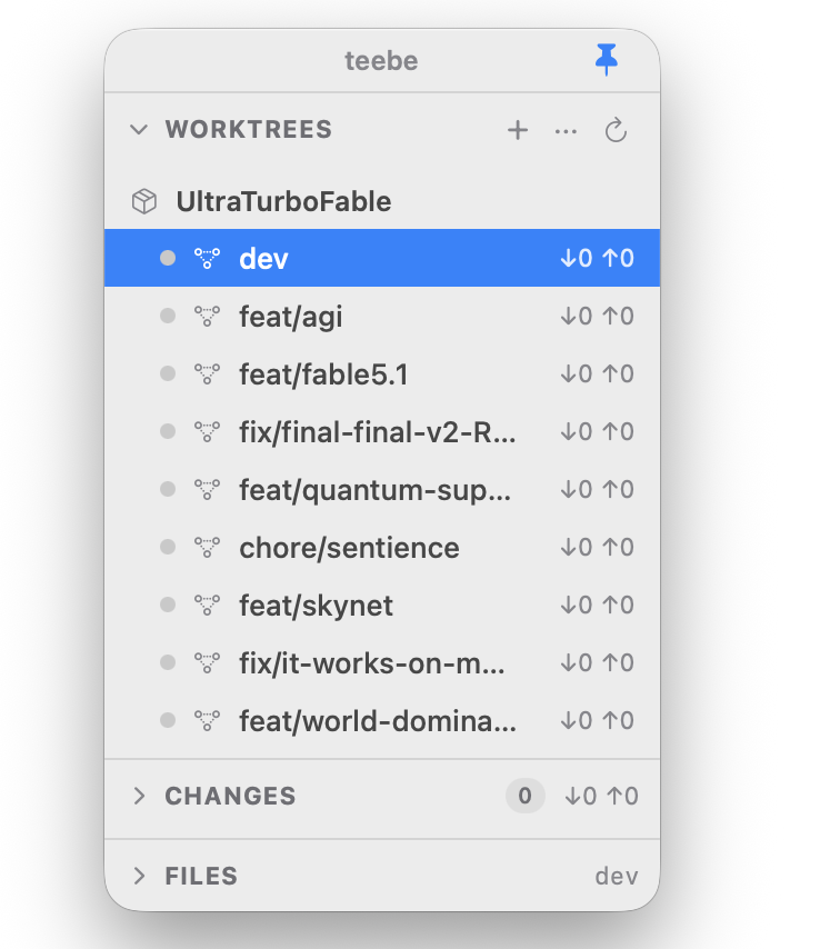 the WORKTREES list expanded across a repo's branches
