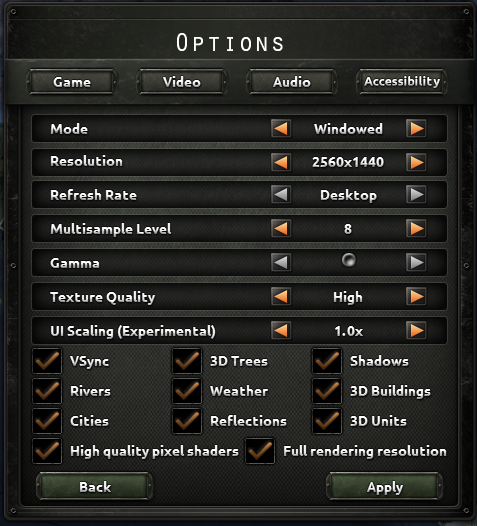 Video options in game