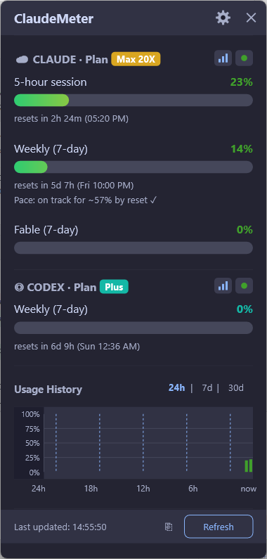 ClaudeMeter Dark theme dashboard with Claude and Codex usage