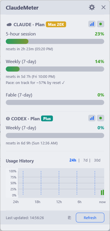 ClaudeMeter Light theme dashboard with Claude and Codex usage