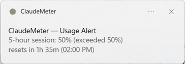 ClaudeMeter Windows toast notification warning about Claude usage threshold