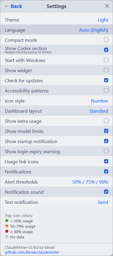 ClaudeMeter settings — theme, language, notifications, icon style