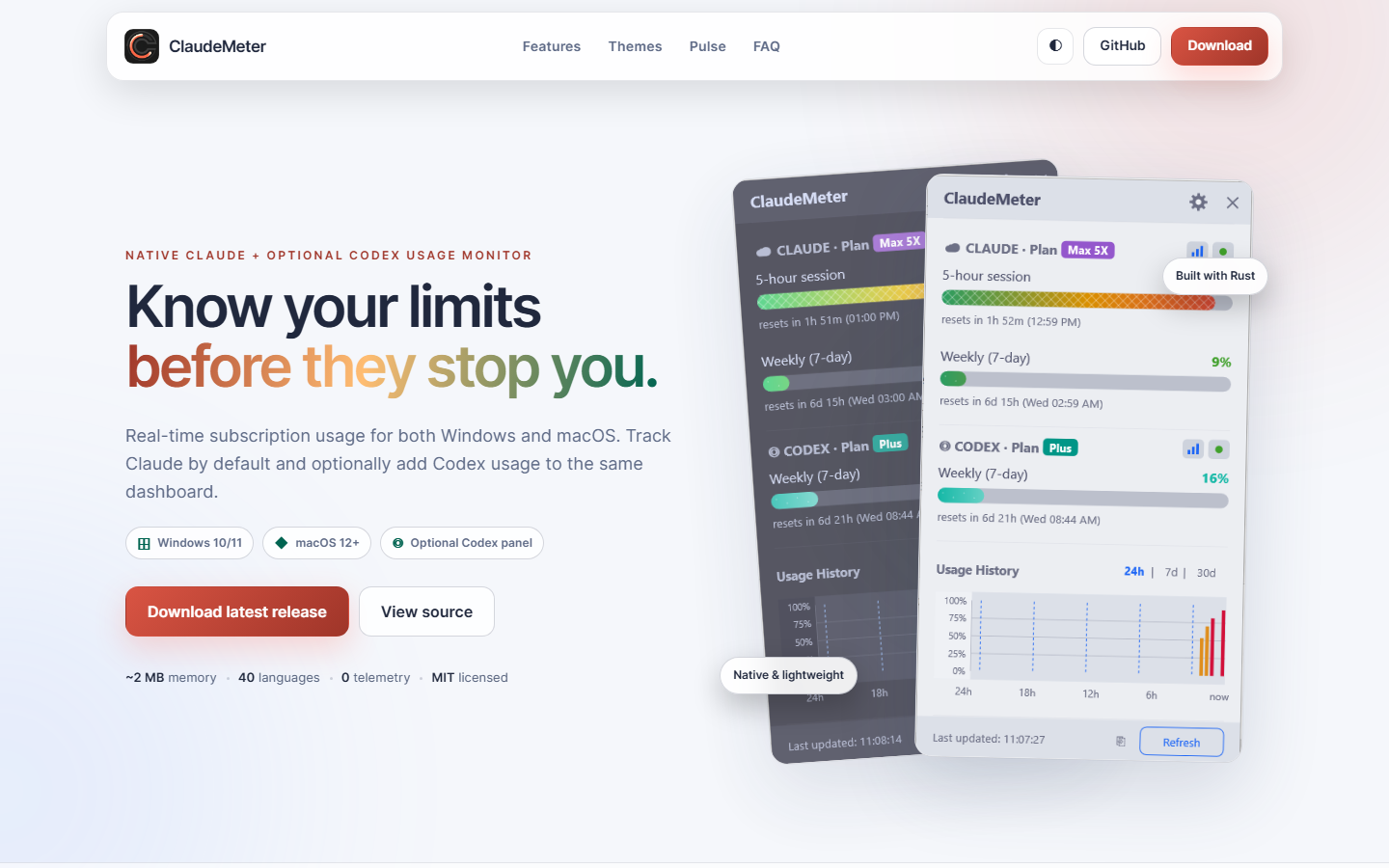 ClaudeMeter project website with Windows, macOS, Claude, and optional Codex support
