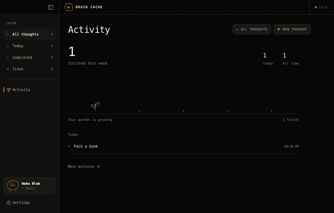Activity garden showing completion counts and a recently finished fictional task