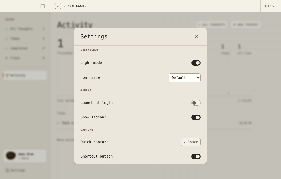 Light appearance with the Settings panel showing appearance and font size controls