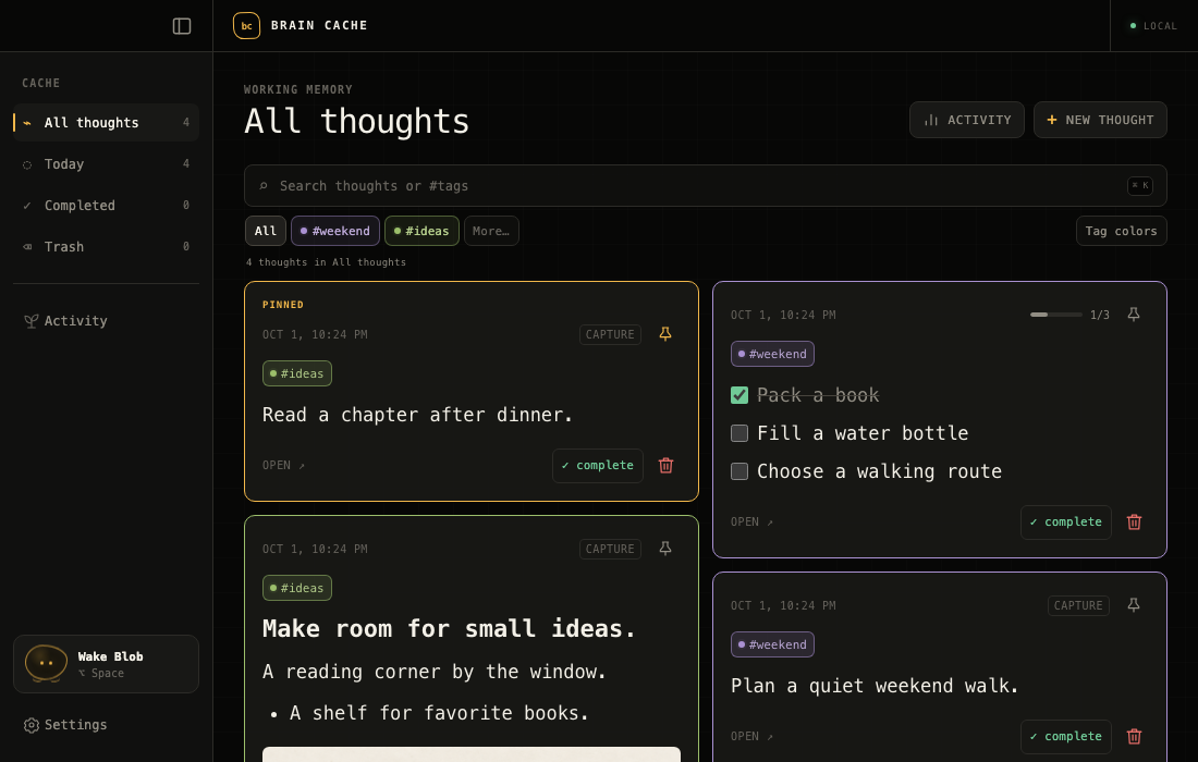 Brain Cache thought library with fictional sample notes, colored tags, a pinned thought, and a checklist