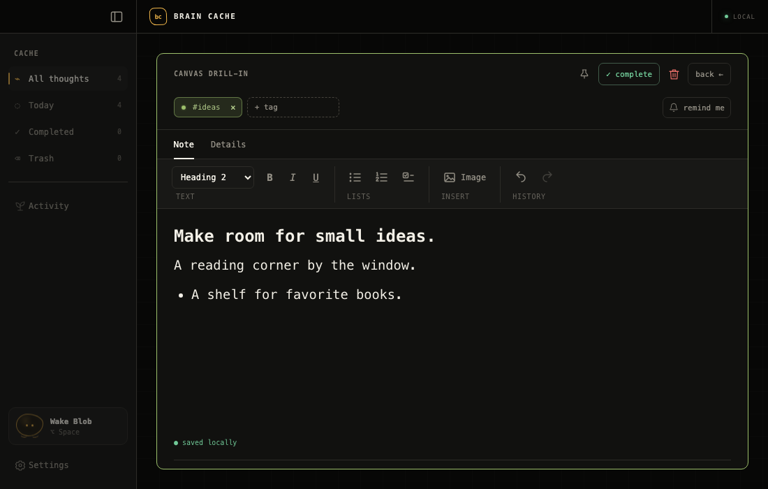 Expanded fictional note with the rich text formatting toolbar