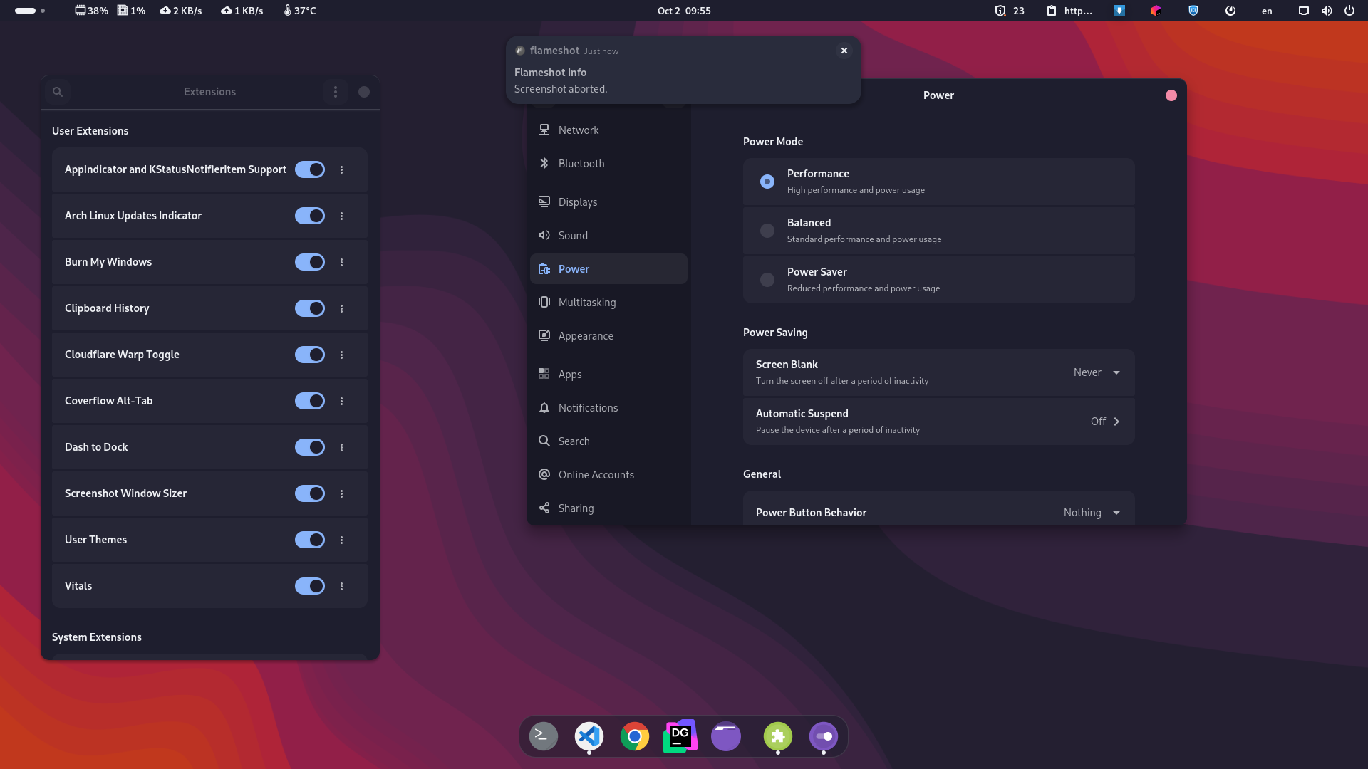 Extension Manager, Notification and Gnome Settings