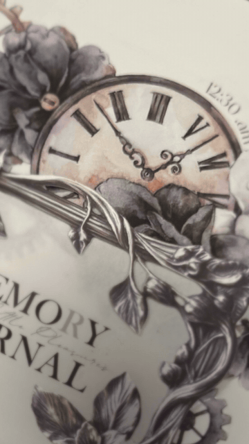 The opening of The Script of Me: a clock at half past midnight, a pendulum swinging in a pool of light, then the clock's parts laid out as No. 1, The Clock