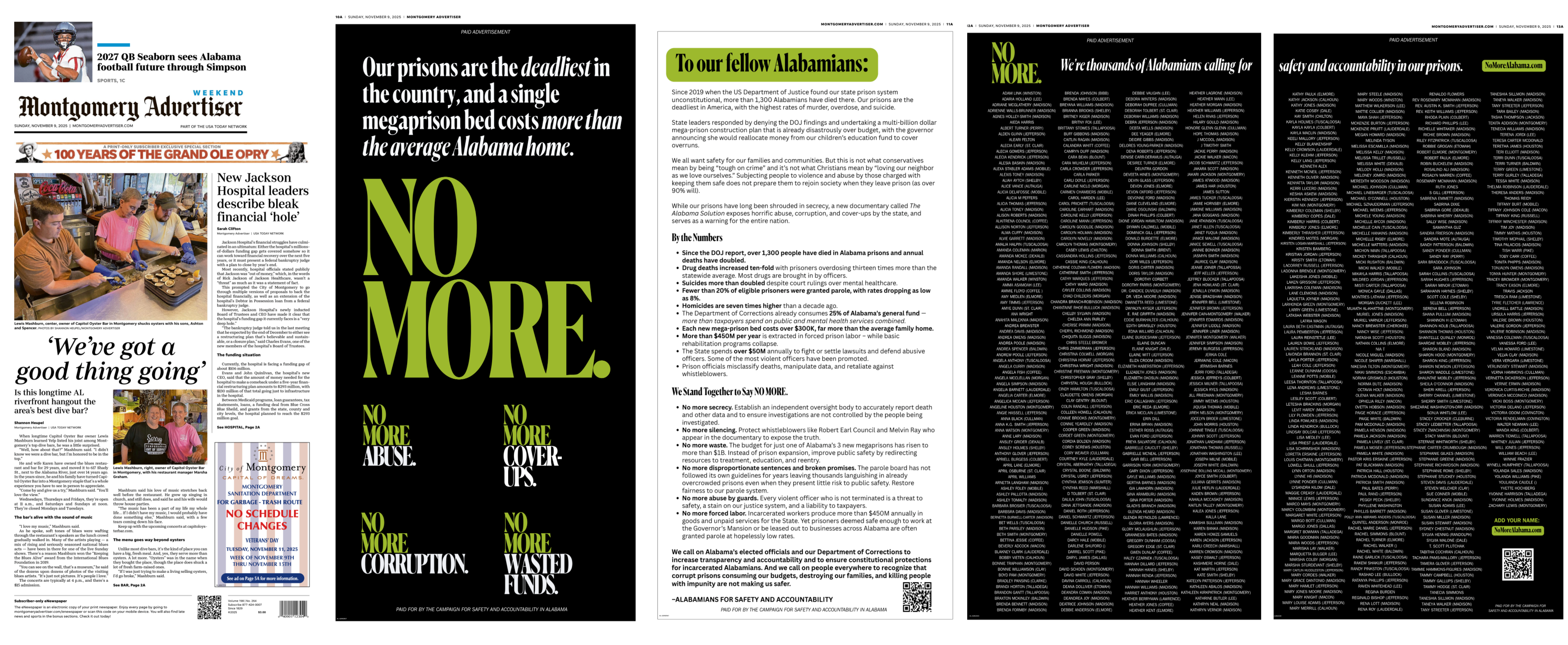NO MORE open letter, full-page ad in the Montgomery Advertiser, signed by thousands of Alabamians.