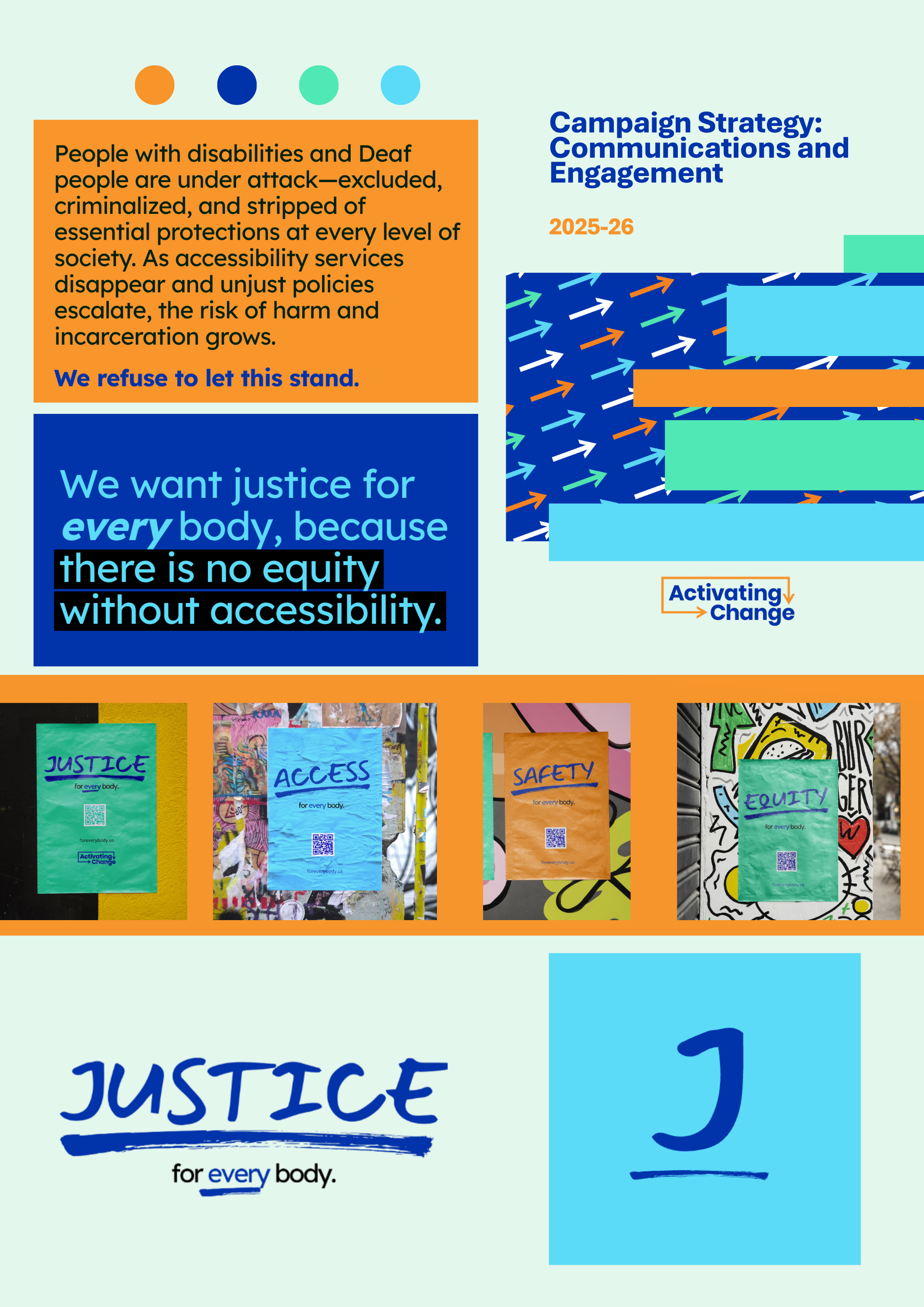 Activating Change wordmark system with Access, Equity, Safety, Justice.