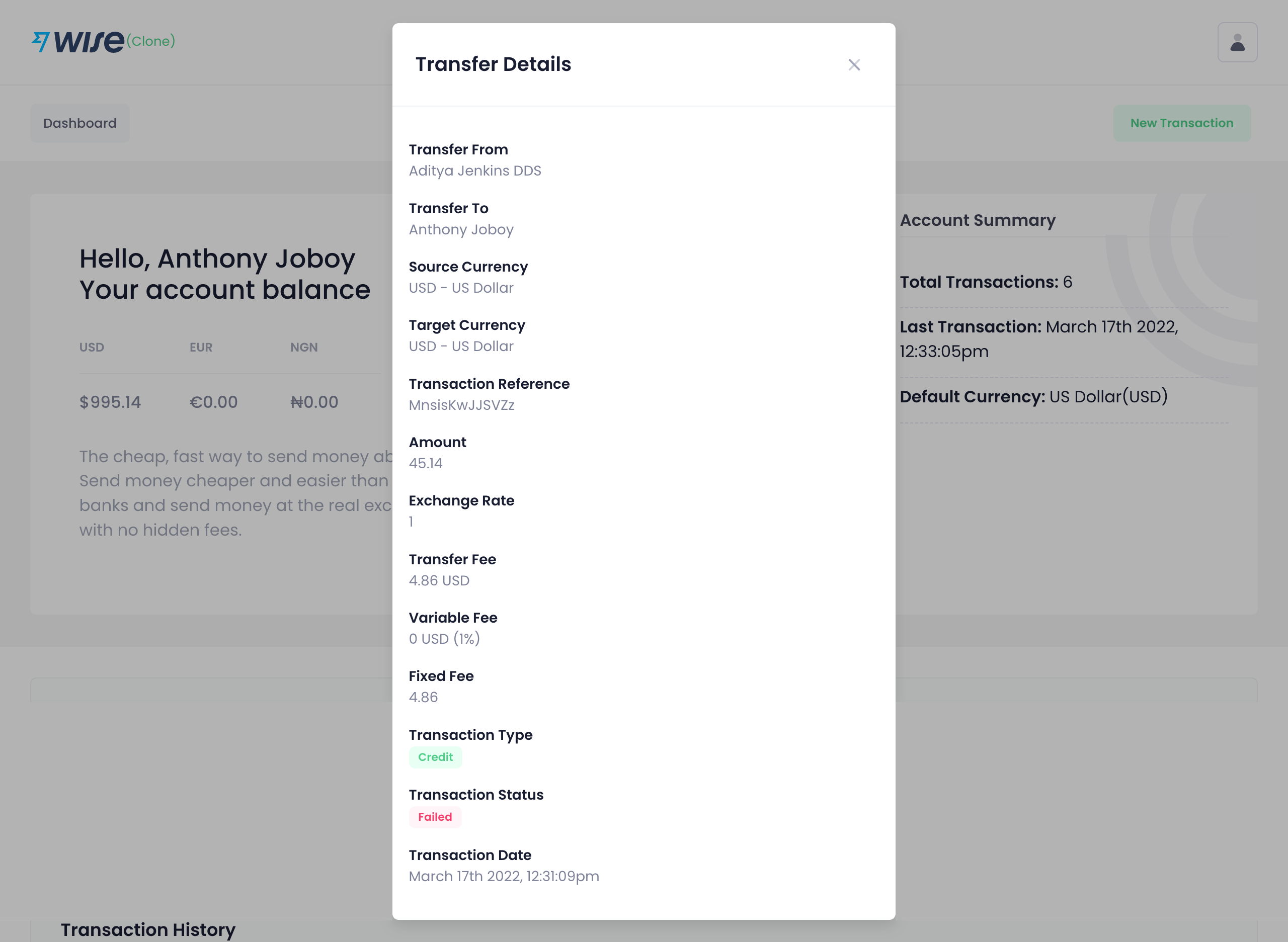 Transaction details view