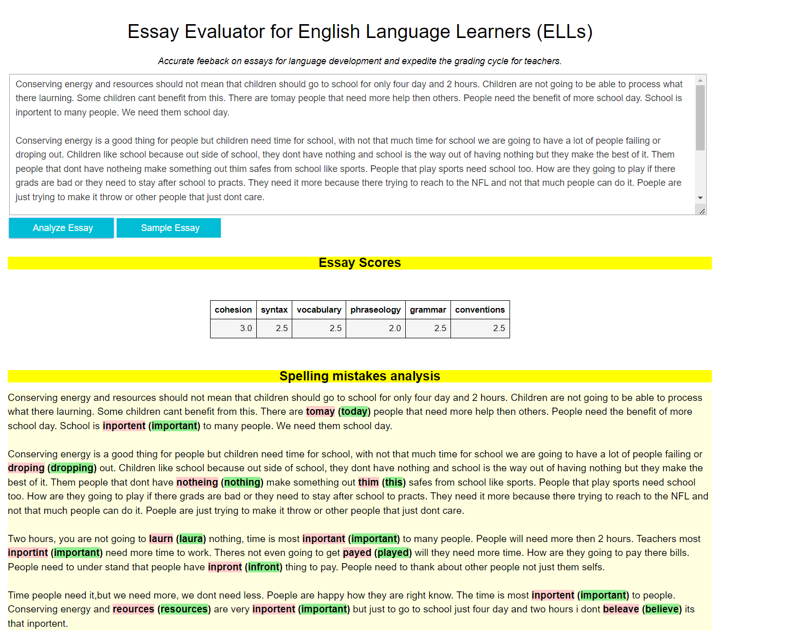 Essay evaluation scoring screen