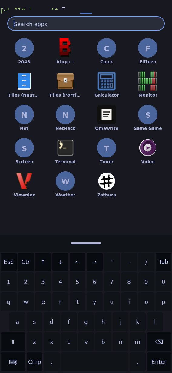 Installed Search with a visible caret and the normal themed wvkbd keyboard