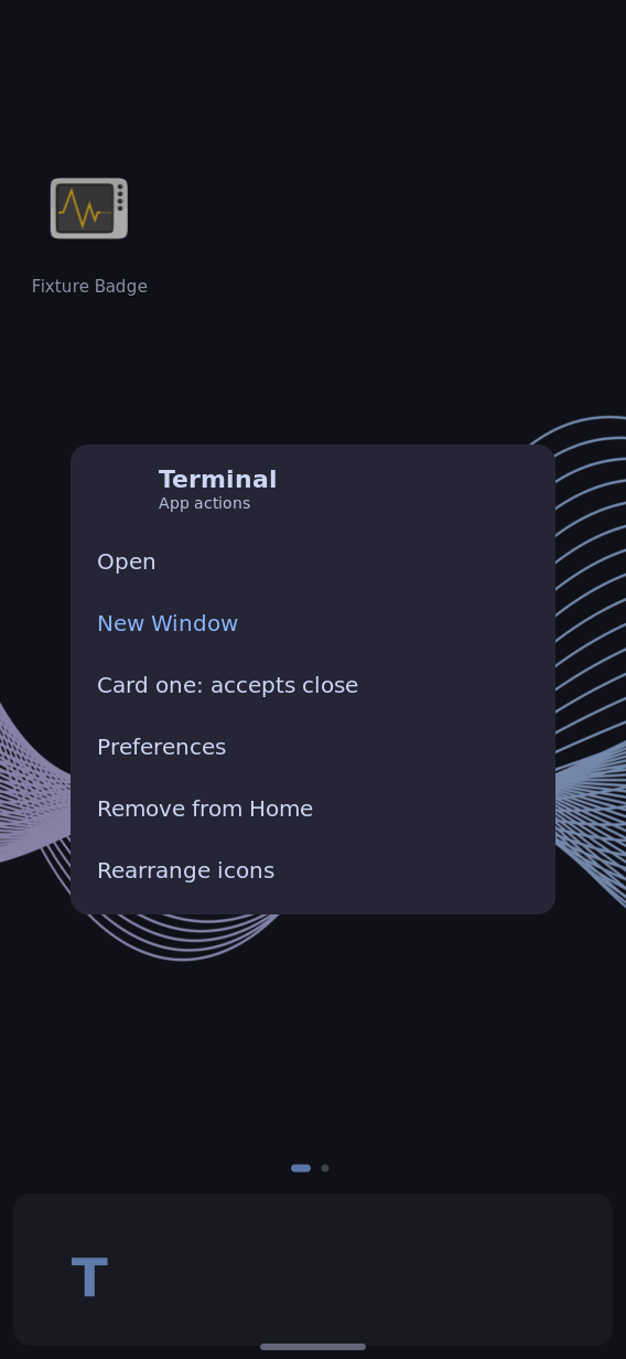 Right-click app menu in the paired RISC-V compositor/Rust fixture; touch holds still rearrange