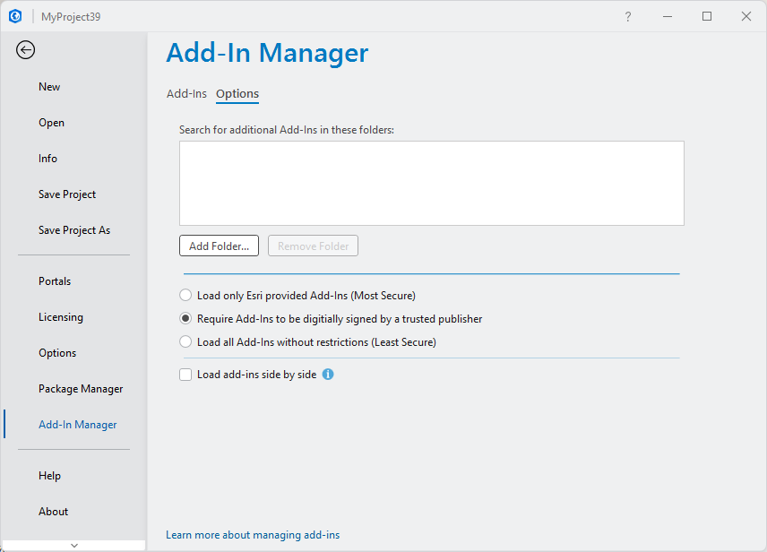 ArcGIS Pro Add-In Manager, Options tab, showing the three add-in security settings