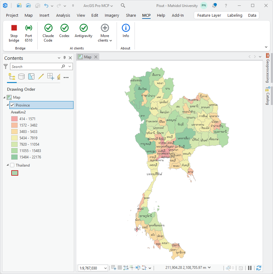 The MCP tab in ArcGIS Pro, with Thailand's provinces graduated by area