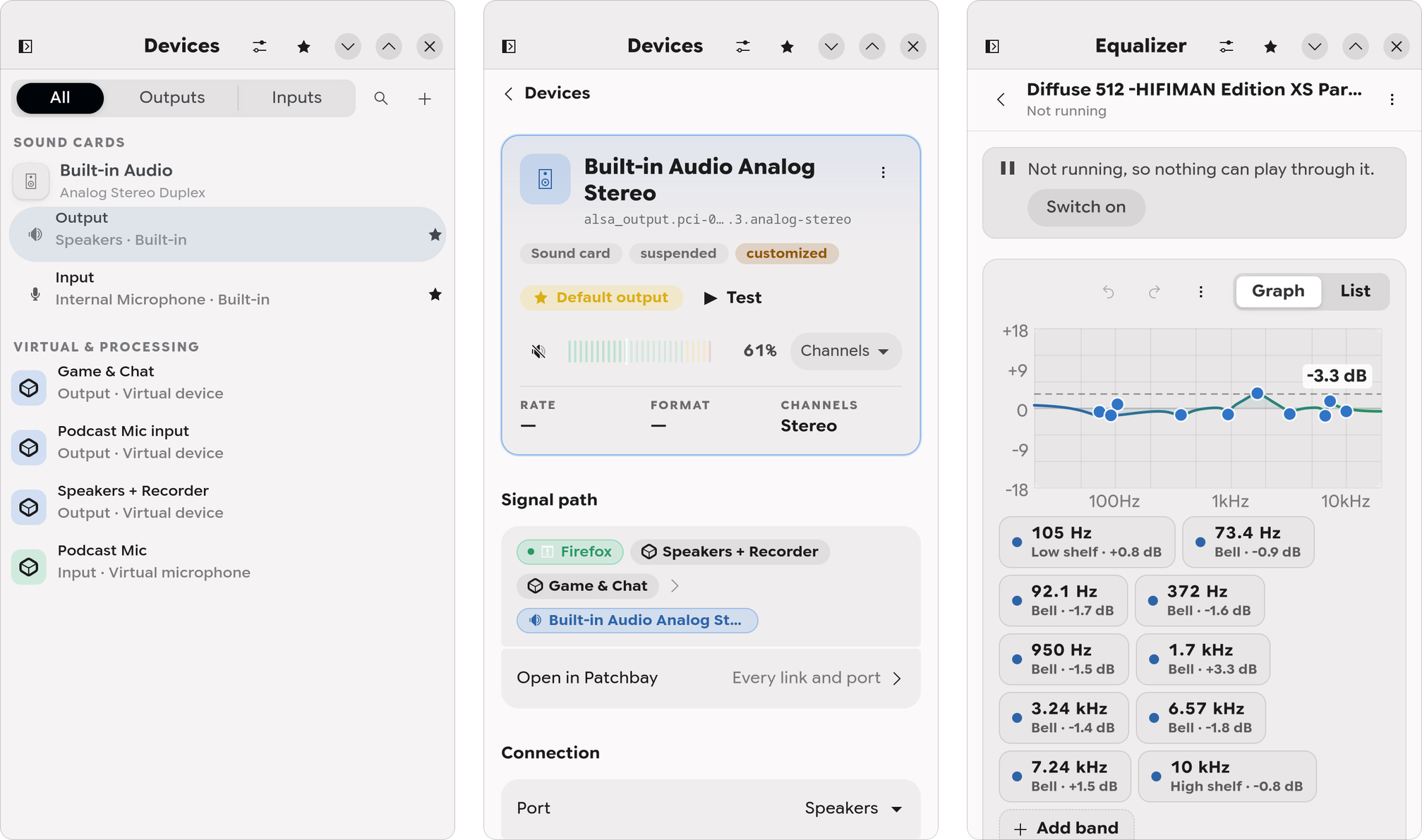 Three pages in a phone-width window: Devices, one device, and an equalizer