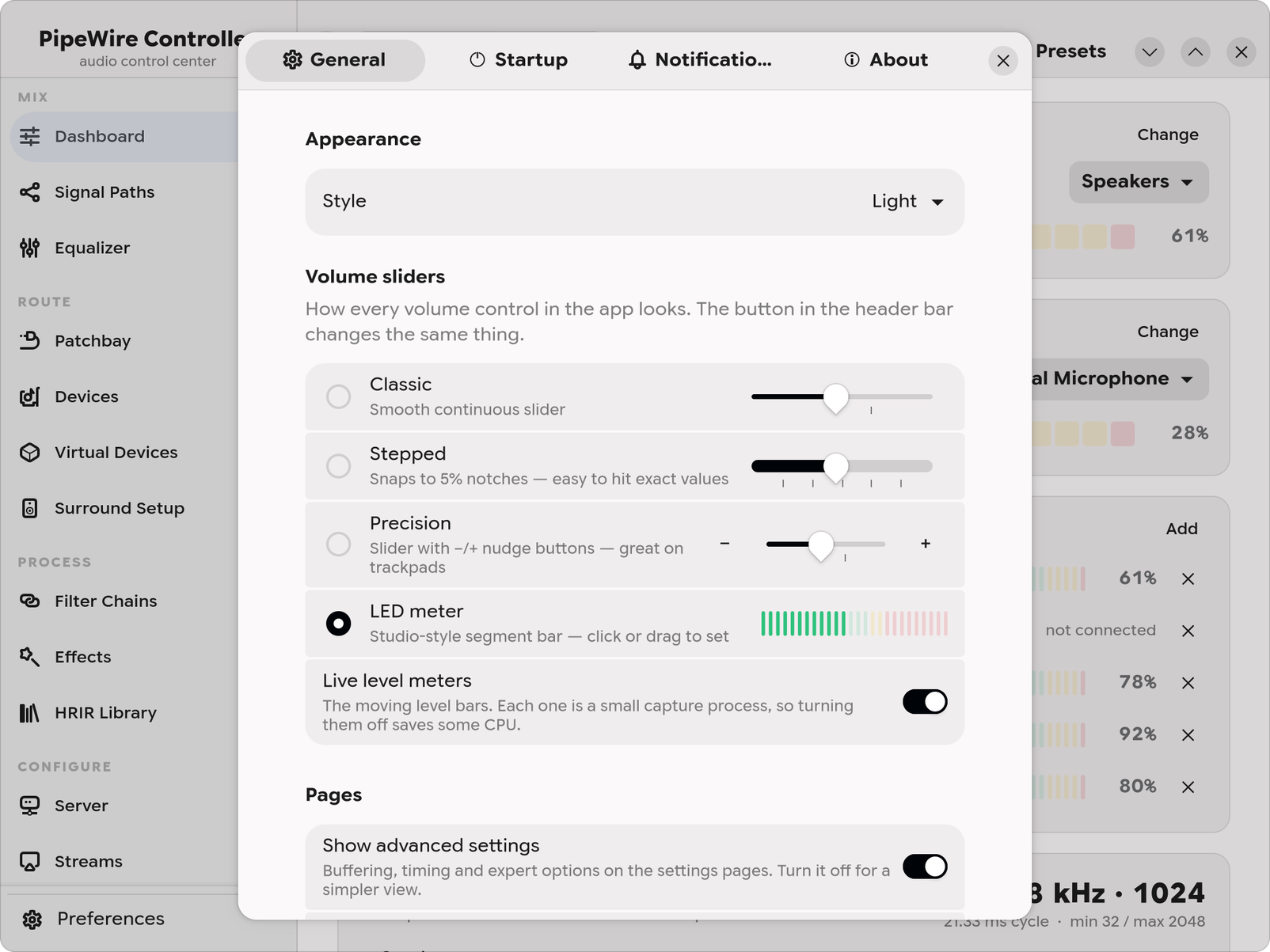 Preferences: appearance and the four volume slider styles