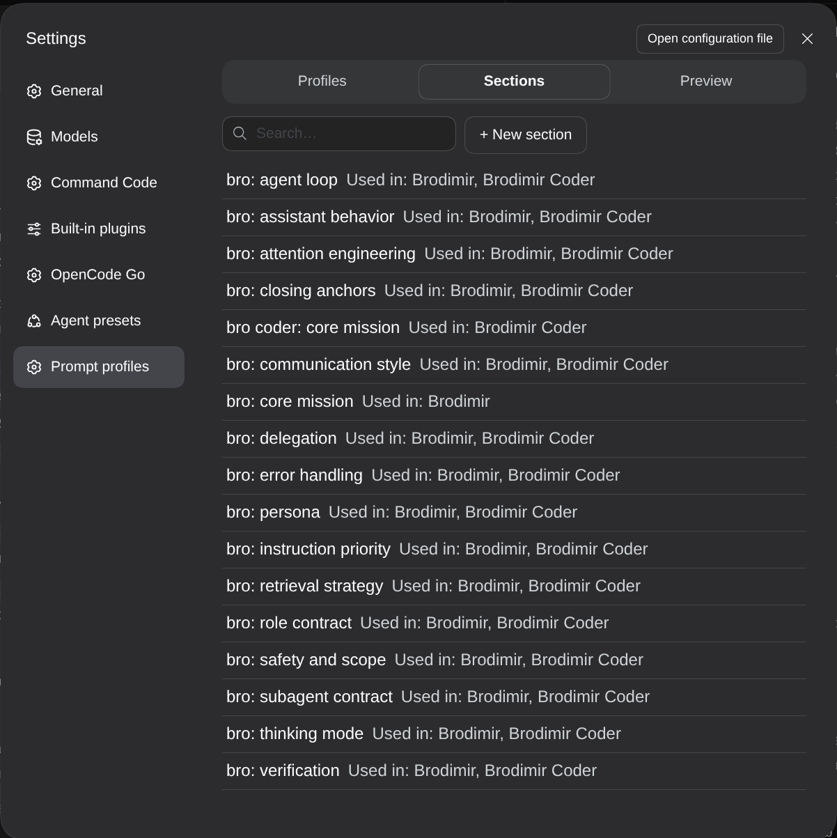 The section list