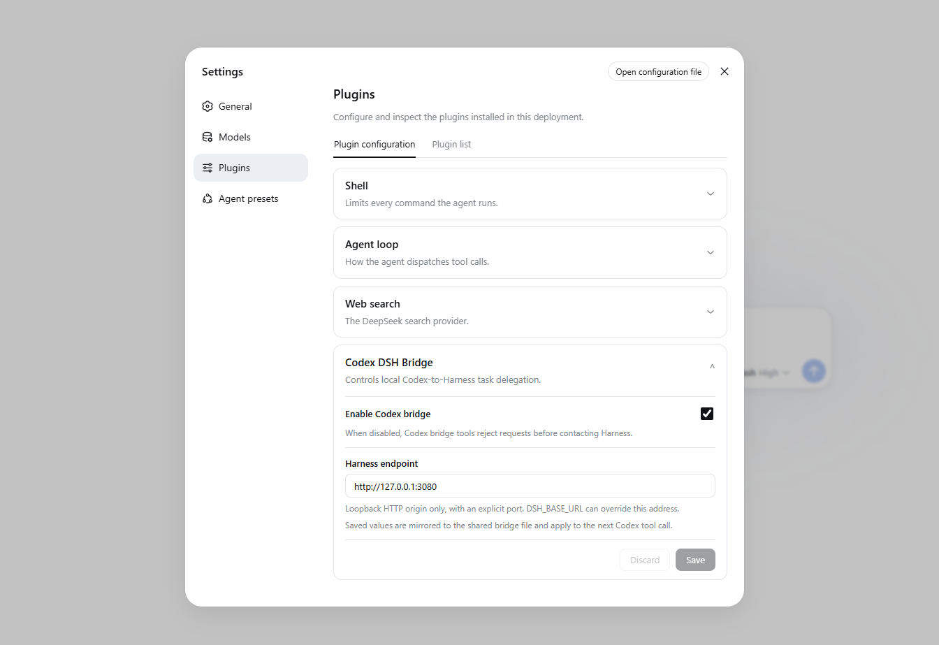 Codex DSH Bridge settings in DeepSeek Harness