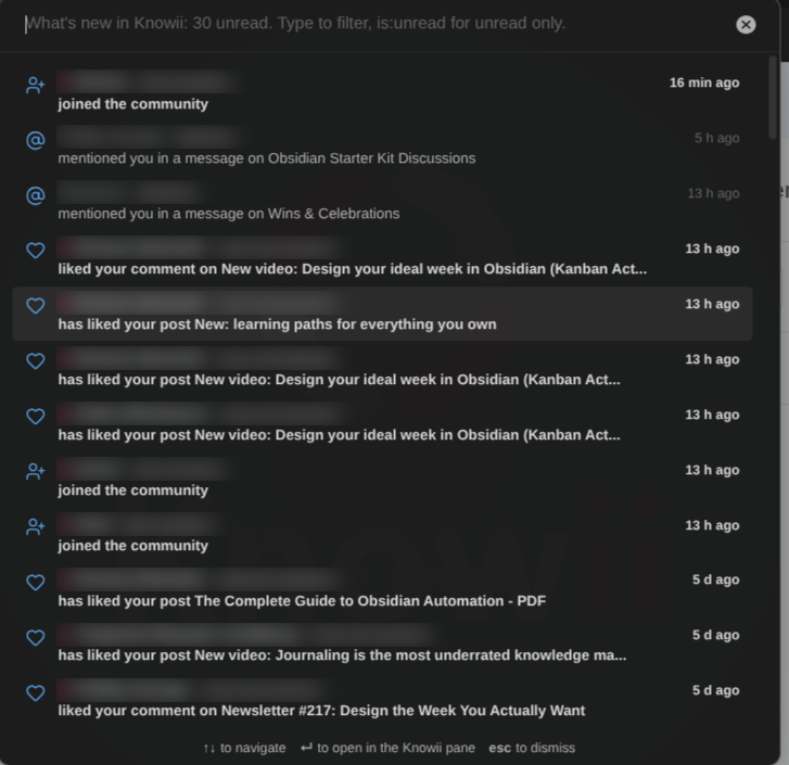 The What's new list: recent activity, unread in bold