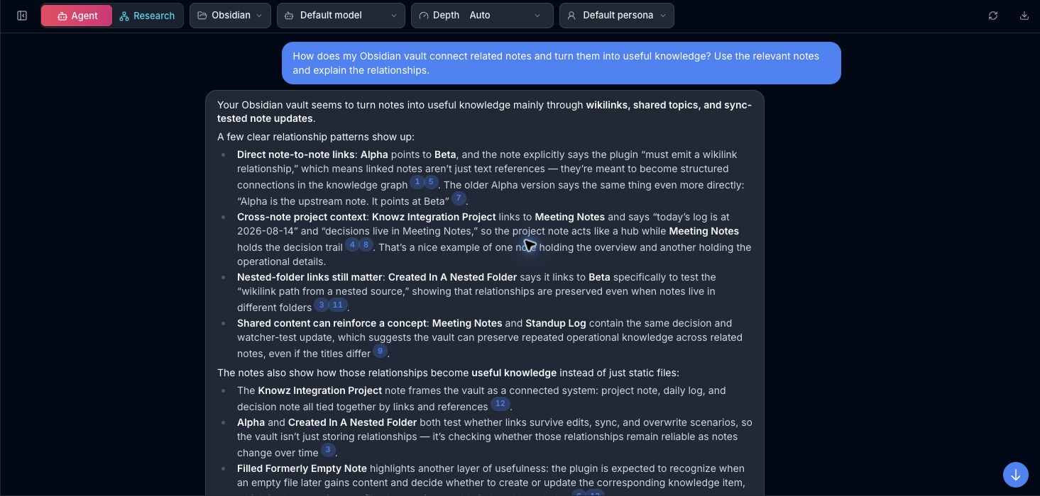 Knowz agentic chat answering from an Obsidian vault with cited notes