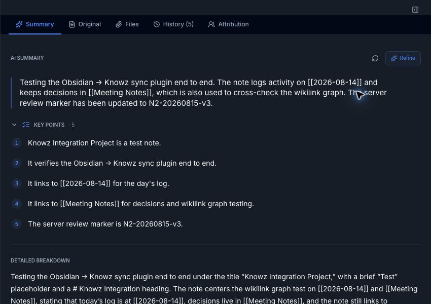 Knowz AI summary with key points generated from an Obsidian note