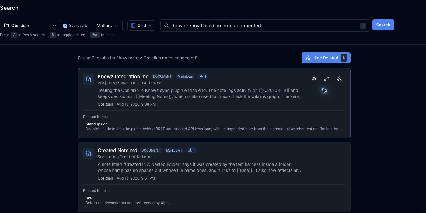 Knowz semantic search showing matching and related Obsidian notes