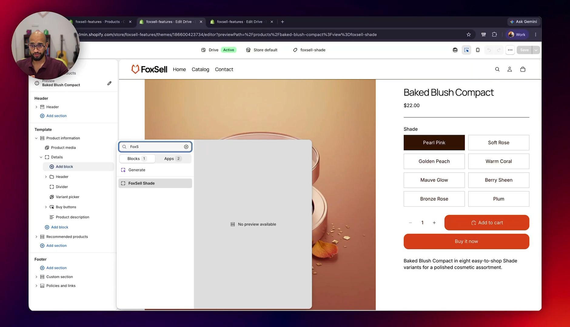 Add the FoxSell Shade block to the product template