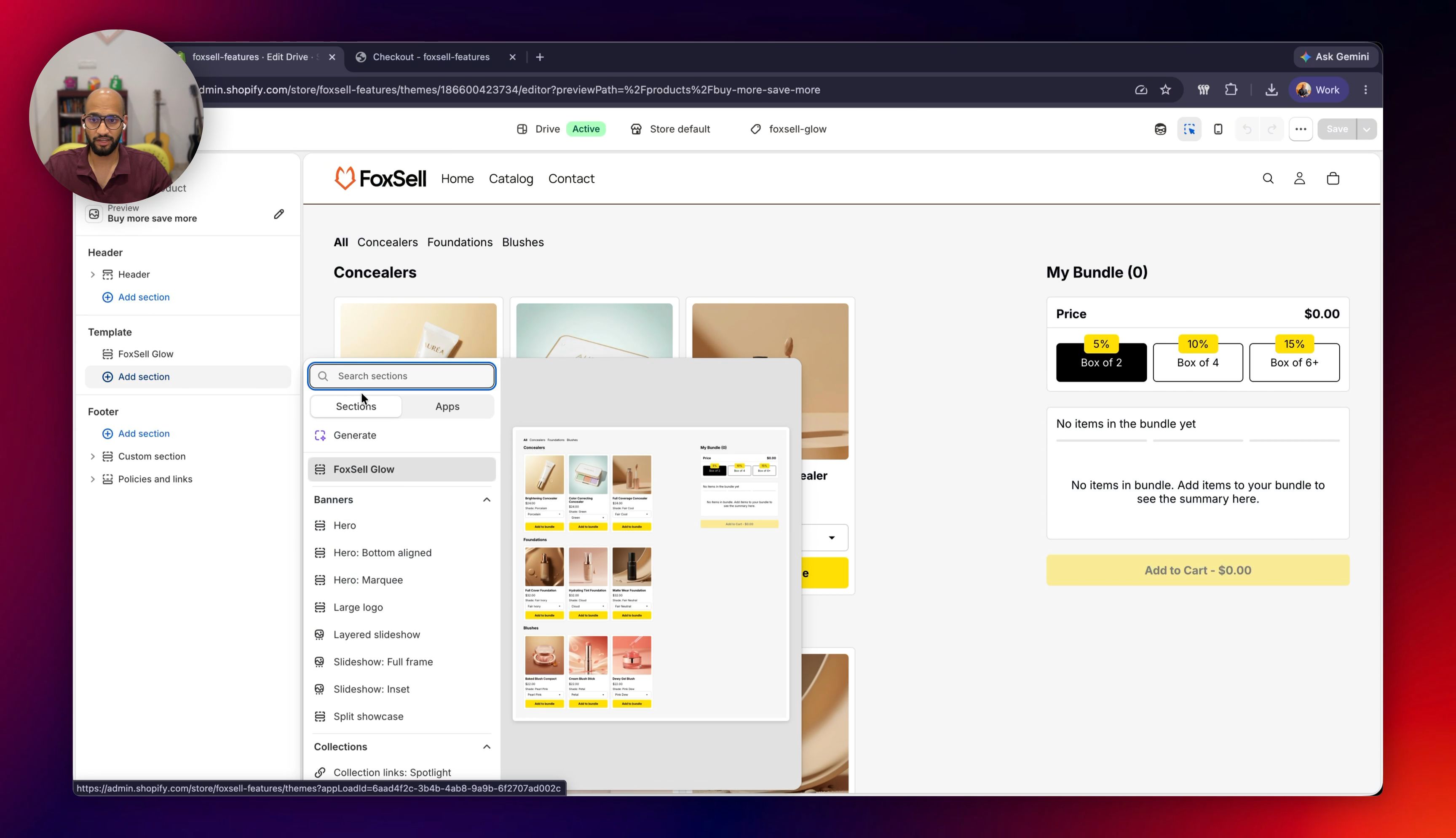 Add the FoxSell Glow section from the section selector