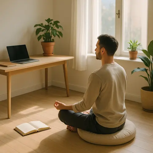 A person meditating in a serene, minimal room bathed in natural light, surrounded by books, plants, and a journal—a sense of calm and focus