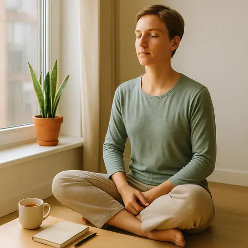 A peaceful scene with a person sitting by a window, eyes closed, breathing deeply. A calming journal, green plant, and gentle sunlight complete the serene, hopeful atmosphere.