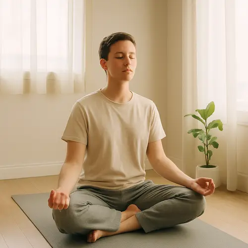 A serene room with a person sitting cross-legged on a mat, eyes closed, practicing mindful breathing. Soft sunlight, a small plant, and calming neutral tones evoke tranquility and energy.