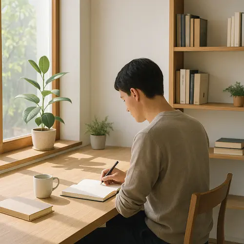 A focused individual writing at a modern desk in a serene, uncluttered room; sunlight streams in, shelves with books, greenery, and a gentle sense of deep concentration