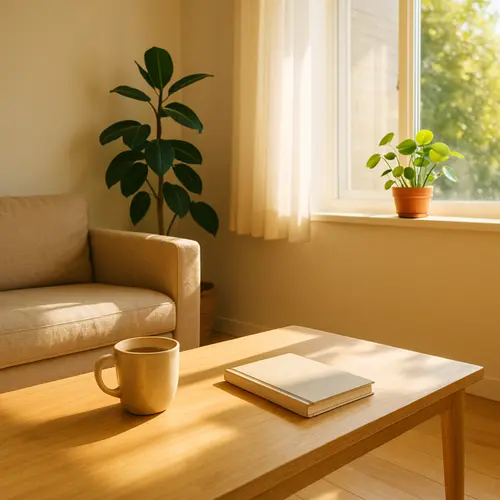 A calm, minimalist living space with no screens in sight. A journal, a cup of tea, plants, and sunlight fill the room—radiating peacefulness, balance, and mindful living.