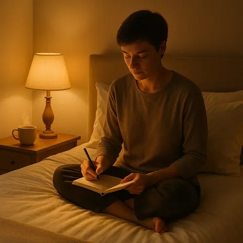 A peaceful bedroom in the evening: soft lamp light, a person journaling in bed with a mug of tea, and gentle shadows create a relaxing, restful mood.