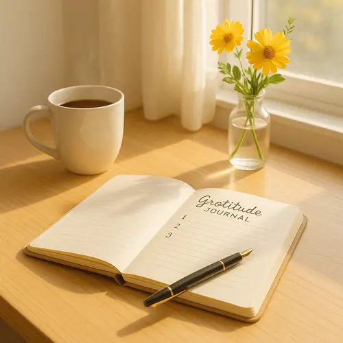 A bright, peaceful desk with an open gratitude journal, pen, mug of tea, and fresh flowers by a sunlit window—radiating happiness, warmth, and mindful appreciation.