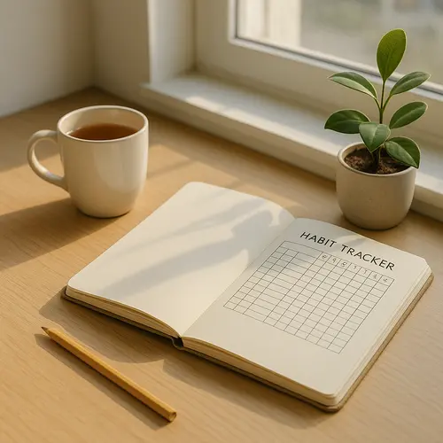 A modern, minimalist desk with a journal open to a habit tracker page, a mug of tea, and a houseplant. Sunlight streams in, evoking clarity, growth, and a fresh start.