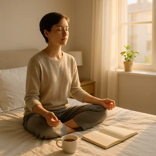 A sunlit bedroom with a calm person sitting on the bed, eyes closed, breathing deeply. A journal, cup of tea, and potted plant on the windowsill. The mood is peaceful, soft, and full of gentle morning energy.