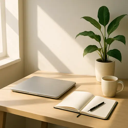 A bright, tidy workspace with a closed laptop, a notebook, pen, cup of tea, and a potted plant. The scene is peaceful and uncluttered, inviting deep focus and mindful work.