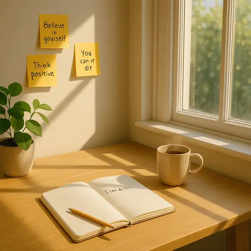 A bright workspace with motivational sticky notes, an open notebook, a cup of tea, and sunbeams through a window—capturing hope, reflection, and a mindset shift toward growth.